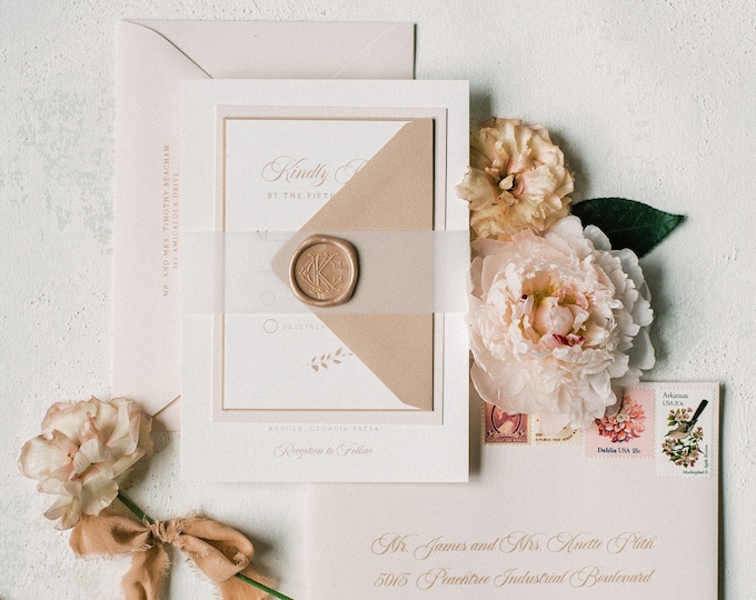 Vintage Monogram Crest Wedding Invitation with Vellum Belly Band and Wax Seal in Pale Pink and Blush — Other Color Options!