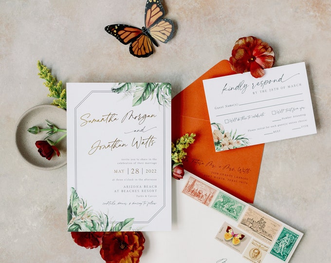 Tropical Destination Wedding Invitation Featuring Palm Tree Leaves, Gold Foil Print and Burnt Orange Accents - Other Colors Available!