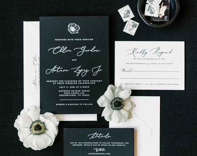 Simple, Minimalist, Modern Black & White Wedding Invitation with Anemone and Calligraphy Script - Different Color Options!