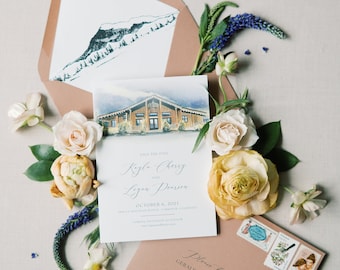 Colorado Mountain Destination Save the Date with Custom Venue Watercolor Illustration + Envelope and Guest Addressing — Different Colors!