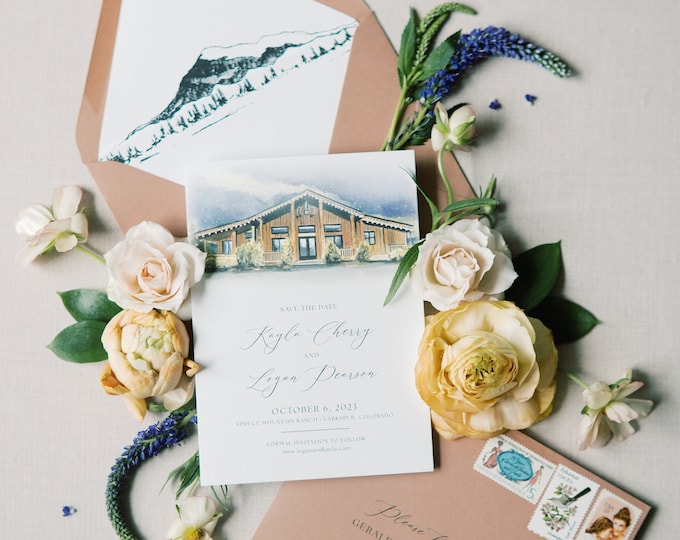 Colorado Mountain Destination Save the Date with Custom Venue Watercolor Illustration + Envelope and Guest Addressing — Different Colors!