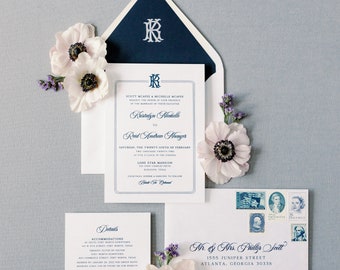 Timeless Formal Wedding Invitation Monogrammed in Navy Thermography with Envelope Liner and Guest Addressing — Other Colors Available
