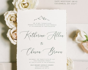 Mountain Wedding Invitation with Calligraphy in Earth Tones — Taupe, Almond & Ivory with Details Insert and Guest Addressing — Other Colors