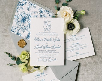 Formal & Traditional Monogram Crest Wedding Invitation with Vellum Belly Band and Gold Wax Seal in Grey, Navy and Slate Blue — Other Colors!