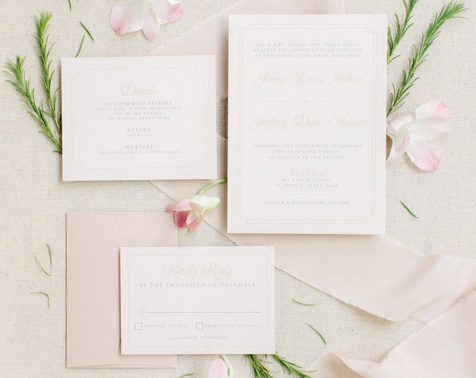Timeless Pink Blush and Taupe Elegant Double Frame, Classic Wedding Invitation Suite with Envelope Liner & RSVP — Different Colors!