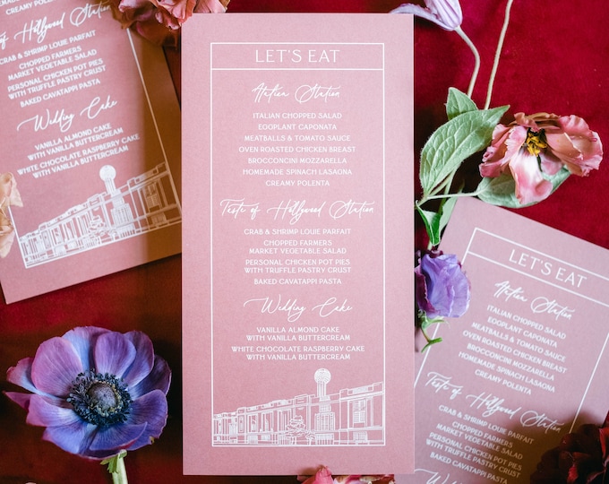 Venue Illustration Wedding Menu on Blush with White Ink Print, Modern Calligraphy Script — Available in Other Colors!