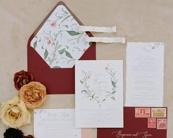 Burgundy and Blush Floral & Greenery Leaves Wedding Invitation with Modern Calligraphy and Envelope Addressing - Other Colors Available