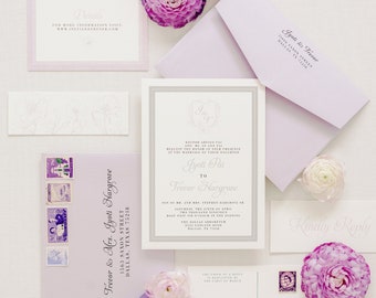 Lavender & Silver Wedding Invitation Featuring Monogram Crest with Grey Wax Seal, Details and Guest Address Printing — Different Colors!
