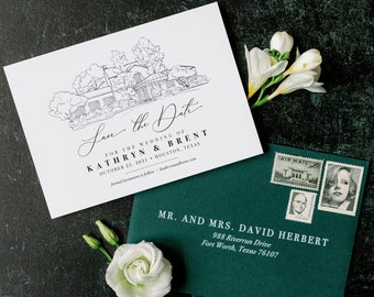 Save the Date with Custom Wedding Venue Sketch Illustration in Dark Green and Black + Envelope Addressing — Different Colors!