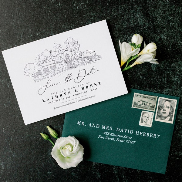 Save the Date with Custom Wedding Venue Sketch Illustration in Dark Green and Black + Envelope Addressing — Different Colors!