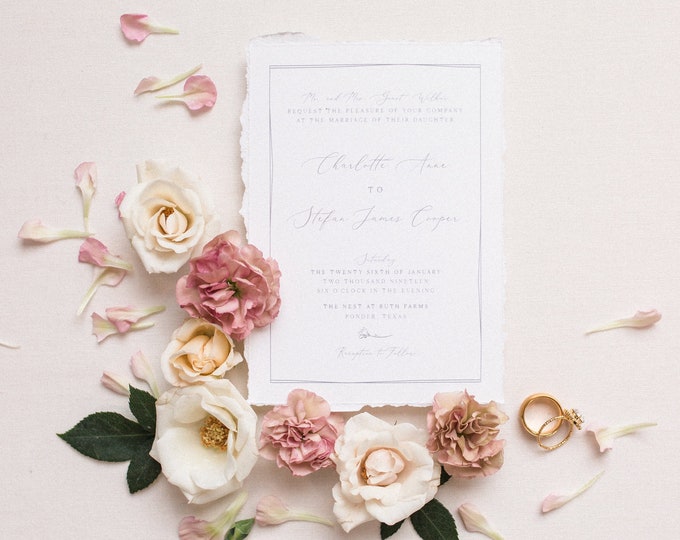 Delicate Line Drawn Floral Wedding Invitation with Calligraphy in Grey, Ivory and Pink — Envelope Liner, Guest Address Printing