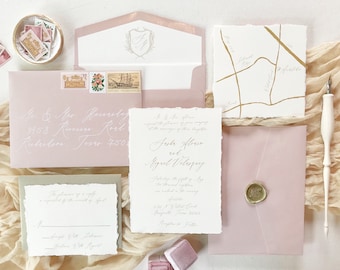 Modern Calligraphy Monogram Crest Wedding Invitation in Gold, Ivory and Blush Pink — Custom Map, Envelope Liner, RSVP & Address Printing