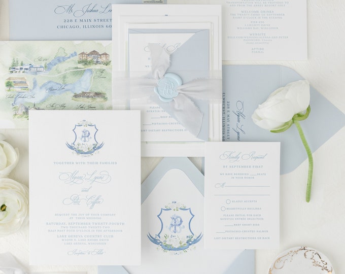 Pale Blue Water Color Monogram Wedding Invitation, Letterpress Printed with Custom Map Illustration with Silk Ribbon and Wax Seal