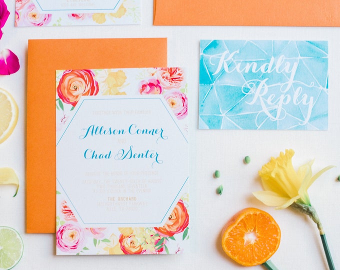 Summer Bright Modern Geometric Water Color Wedding Invite in Orange, Yellow Teal, Turquoise & Pink, Details and RSVP (Other Color Options)