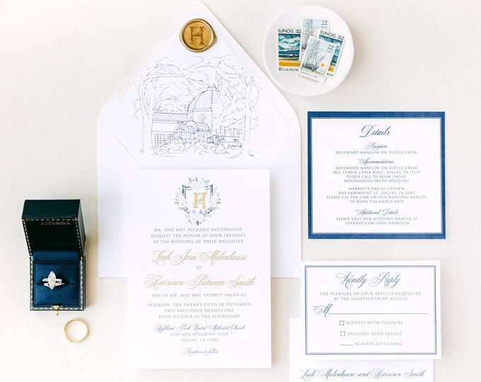 Traditional Wedding Invitation with Custom Water Color Monogram Crest in Navy Blue with Envelope Liner & Addressing — Other Colors Available