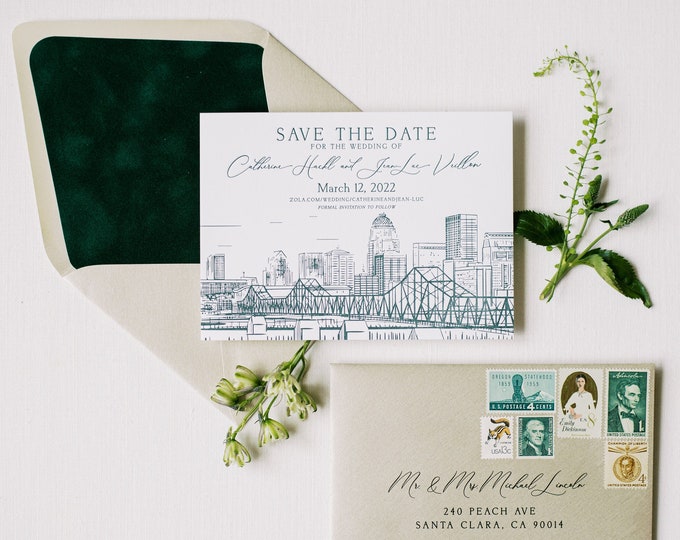 Letterpress Save the Date with Custom Wedding Venue Sketch Illustration, Velvet Envelope Liner Dark Green + Addressing — Different Colors