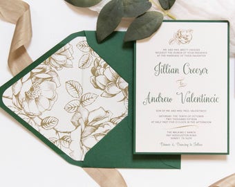 5x7 Metallic Gold Floral & Forest Green Wedding Invitation with Directions Insert, Postcard RSVP and Envelope Liner. Different Color Options