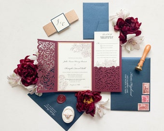 Lace Laser Cut Pocket in Navy Blue, Burgundy and Rose Gold Glitter — Formal and Elegant Wedding Invitation and Inserts — Different Colors!