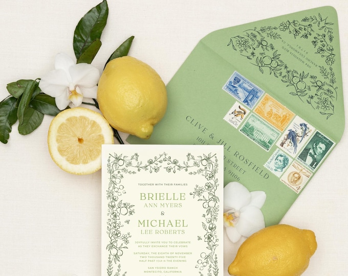 Citrus Lemon Orchard Themed Wedding Invitation in Shades of Green with Custom Map Illustration - Other Colors Available!
