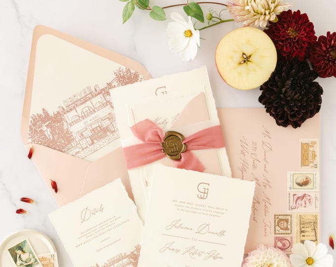 Western Elegance Wedding Invitation with Hotel Drover Illustration, Deckled Edges, Monogram, Silk Ribbon & Wax Seal at Fort Worth Stockyards