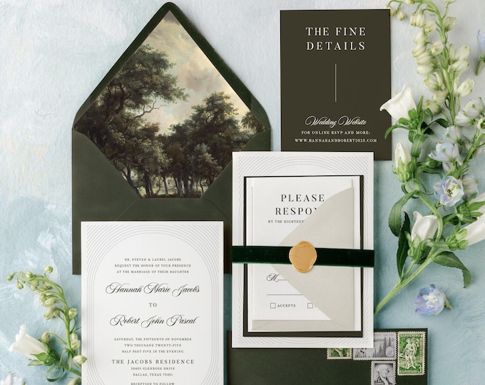 Blind Embossed Wedding Invitation with Modern Typography, Woodland Scene Envelope Liner, Green Velvet Ribbon and Gold Wax Seal