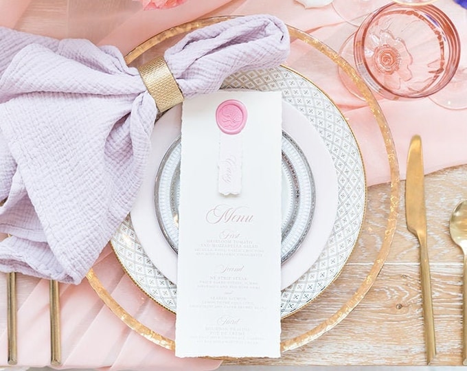 Place Card + Wedding Menu Combination with Ripped Edges, Delicate Calligraphy Script and Wax Seal, Printed Menu — Other Colors Available