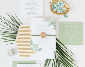 Tropical, Formal Letterpress Wedding Invitation with Palm Tree Leaves, Green Ribbon and Gold Wax Seal on Vellum Wrap & Guest Printing