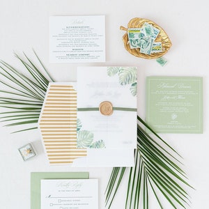 Tropical, Formal Letterpress Wedding Invitation with Palm Tree Leaves, Green Ribbon and Gold Wax Seal on Vellum Wrap & Guest Printing