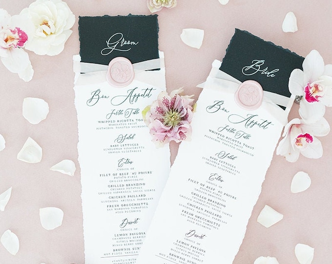 Place Card + Wedding Menu Combination in Black, White & Blush with Torn Edges, Calligraphy Script and Wax Seal, Printed Menu — Other Colors