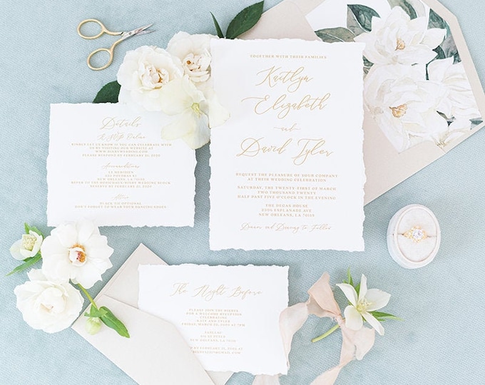 Clean & Simple White and Metallic Gold Wedding Invitation with Torn Edges, Water Magnolias, RSVP and Addressing — Other Colors Available