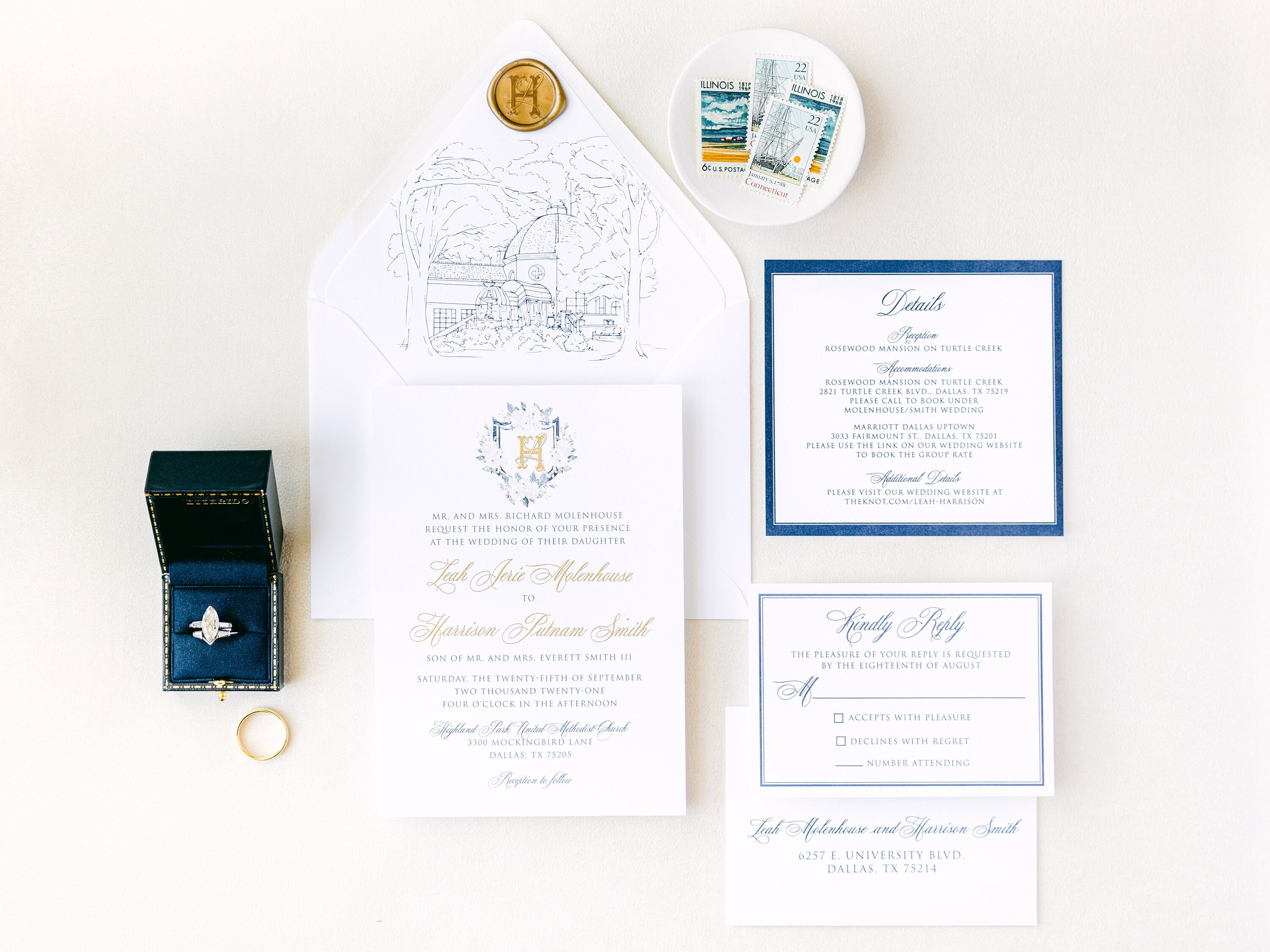 Traditional Wedding Invitation with Custom Water Color Monogram Crest in Navy  Blue with Envelope Liner & Addressing — Other Colors Available