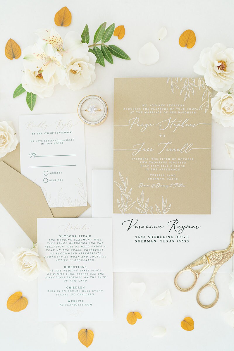 Wedding Invitation with Greenery Leaves in White Ink on ...