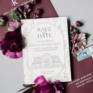 Burgundy and Green Letterpress Save the Date with Custom Wedding Venue Illustration with Envelope Addressing — Different Colors!
