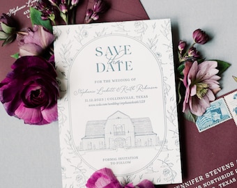 Burgundy and Green Letterpress Save the Date with Custom Wedding Venue Illustration with Envelope Addressing — Different Colors!