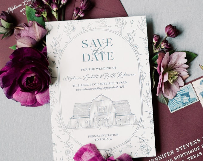 Burgundy and Green Letterpress Save the Date with Custom Wedding Venue Illustration with Envelope Addressing — Different Colors!