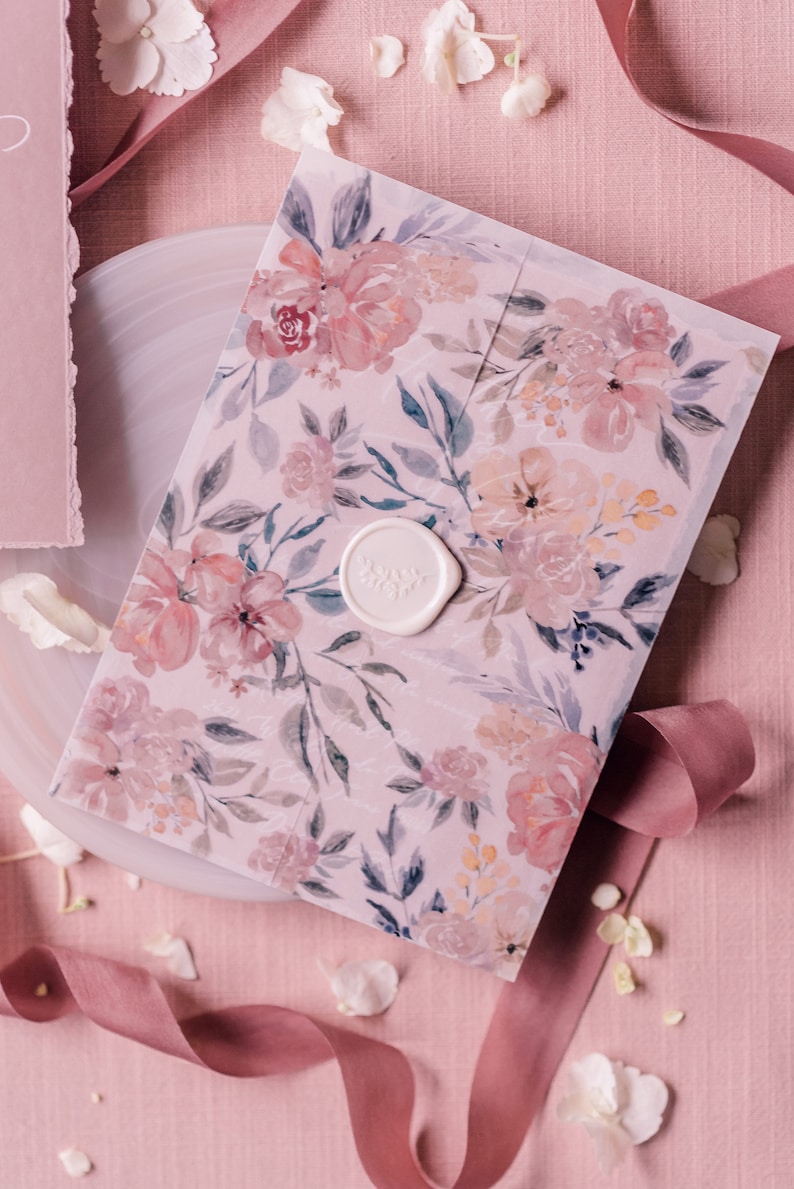 Other Colors Floral Vellum Wrap Wedding Invitation on Dusty Rose White Ink Calligraphy with Torn Edges and Wax Seal
