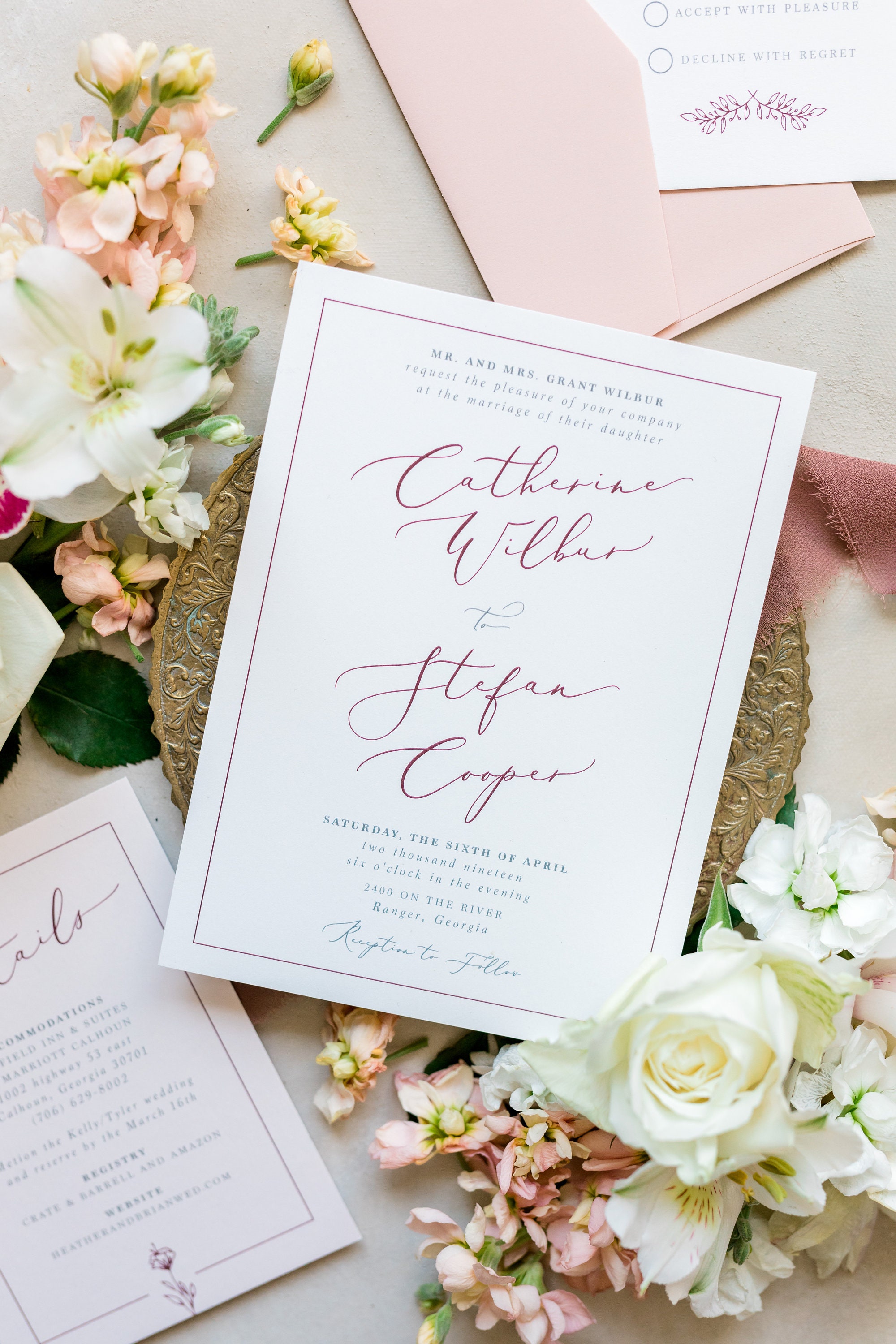 Blush Pink Wedding Invitation Featuring Custom Venue Illustration, Vellum Belly Band and