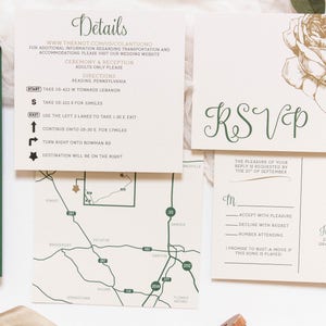 5x7 Metallic Gold Floral & Forest Green Wedding Invitation with Directions Insert, Postcard RSVP and Envelope Liner. Different Color Options image 9