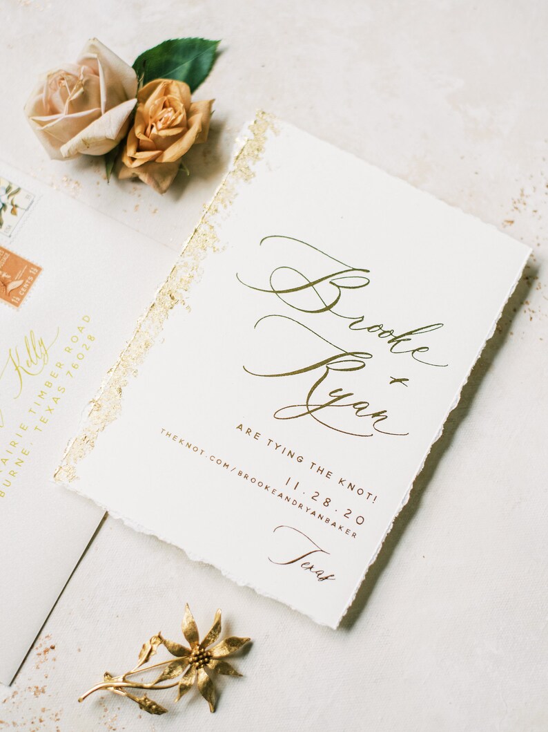 Modern Gold Foil Save the Date With Deckled Edges and Gilded Etsy