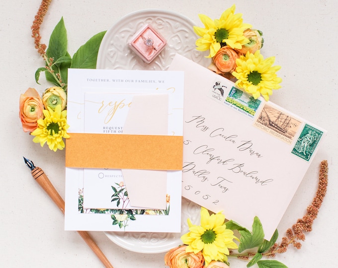 Wildflower Wedding Invitation in Blush, Yellow, Copper, Gold and Green, Includes Belly Band, Wax Seal, Details and RSVP — Other Colors!