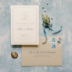 Classic & Traditional Wedding Save the Date with Monogram Crest in Navy Blue and Gold with Envelope and Guest Addressing Other Colors image 1