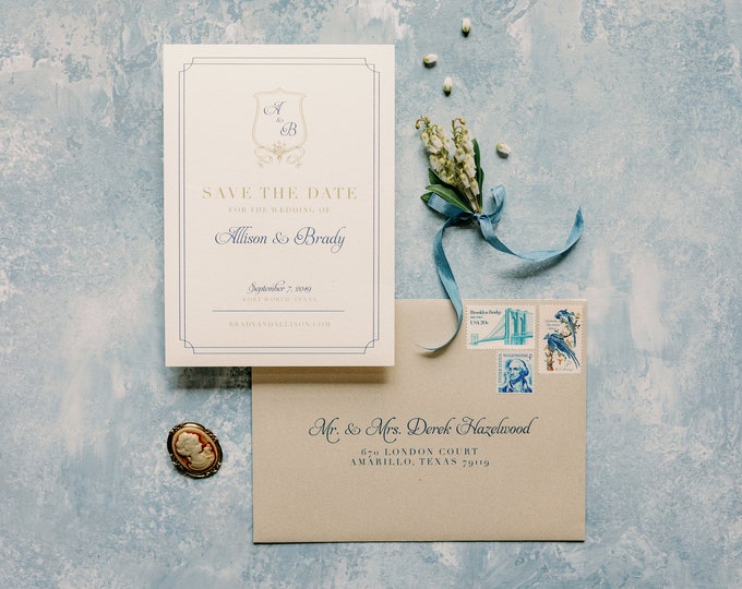 Classic & Traditional Wedding Save the Date with Monogram Crest in Navy Blue and Gold with Envelope and Guest Addressing — Other Colors!
