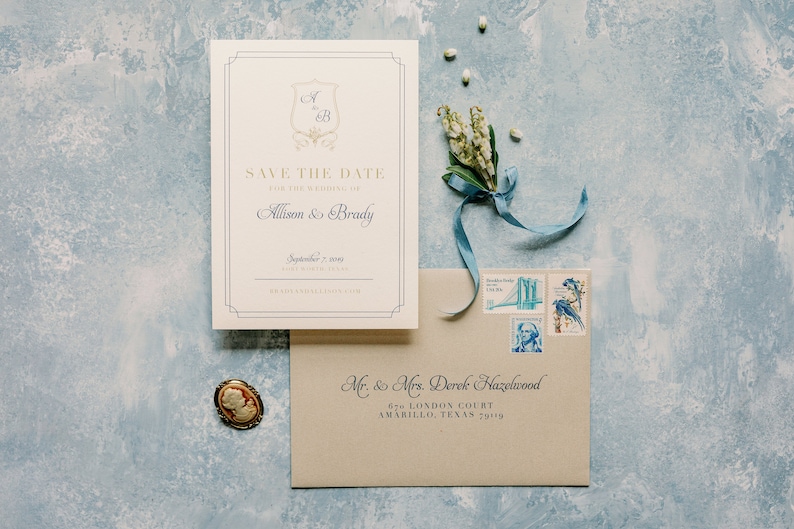 Classic & Traditional Wedding Save the Date with Monogram Crest in Navy Blue and Gold with Envelope and Guest Addressing Other Colors image 1