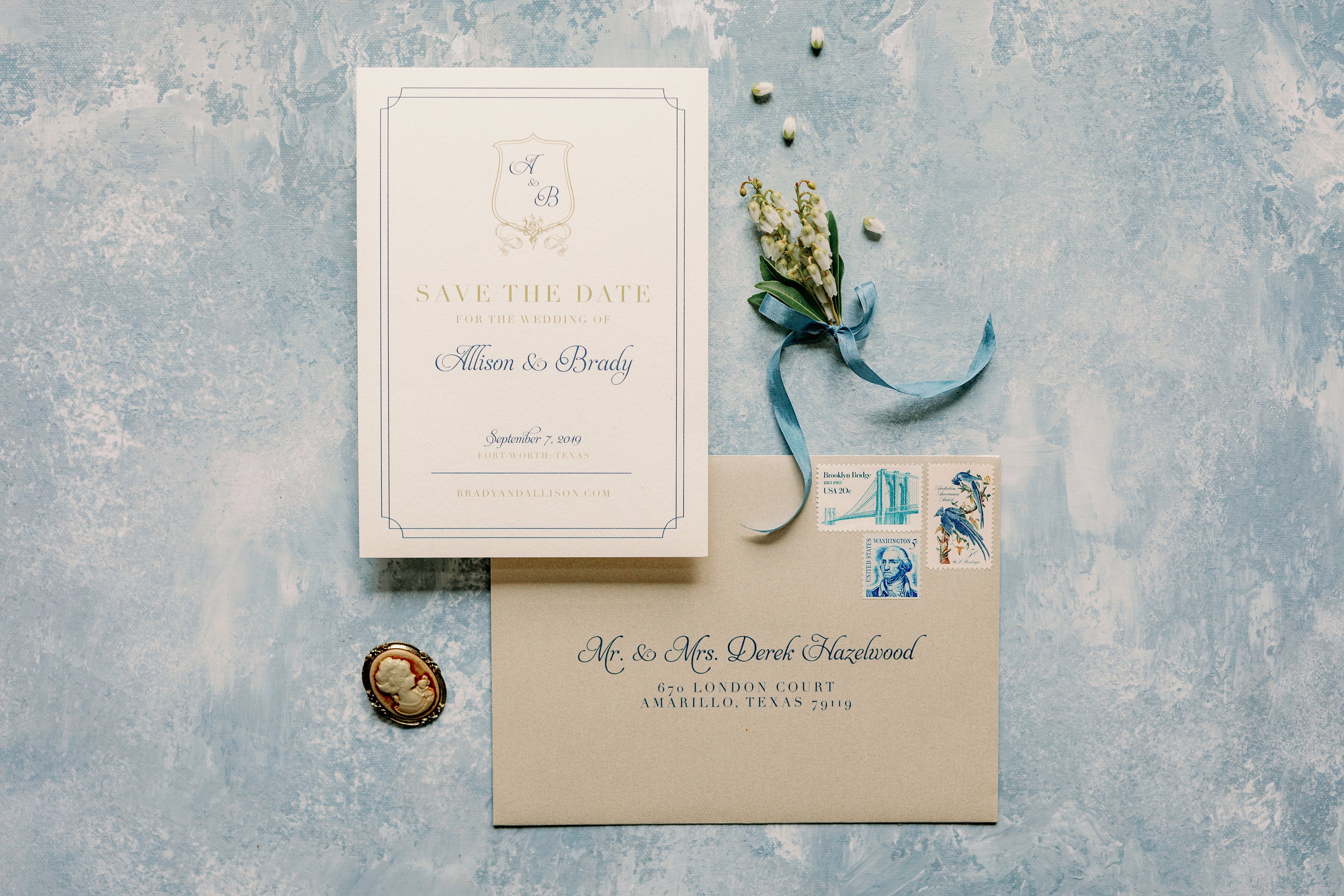 Classic & Traditional Wedding Save the Date with Monogram Crest in Navy Blue  and Gold with Envelope and Guest Addressing — Other Colors!