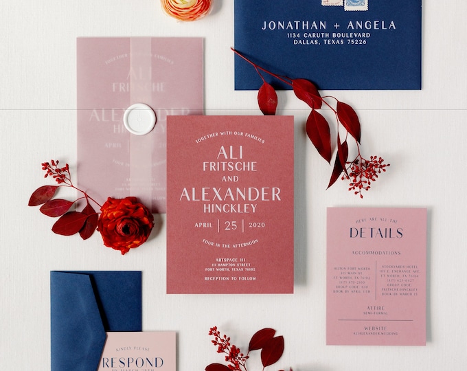 Simple + Clean Modern Wedding Invitation With Navy Blue Envelopes — Different Colors