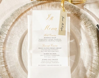 Formal Gold and White Classic Wedding Menu with Place Card Escort Card Tag Attached with Champagne Ribbon — Different Colors Available!