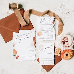 Boho Wedding Invitation with Abstract Shapes in Terra-Cotta, Sepia, Blush and Brown & Ripped Edges Details, RSVP and Address Printing image 1
