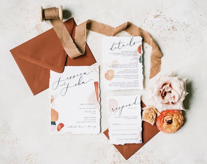 Boho Wedding Invitation with Abstract Shapes in Terra-Cotta, Sepia, Blush and Brown & Ripped Edges — Details, RSVP and Address Printing