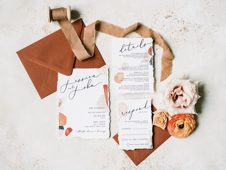 Boho Wedding Invitation with Abstract Shapes in Terra-Cotta, Sepia, Blush and Brown & Ripped Edges Details, RSVP and Address Printing image 1