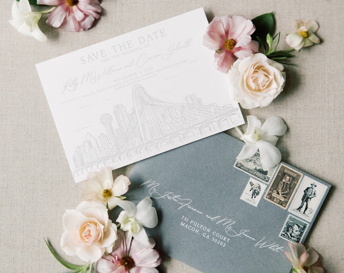 Grey Letterpress Save the Date with Custom Wedding Venue Illustration of Dallas Texas Skyline with Envelope Addressing — Different Colors!